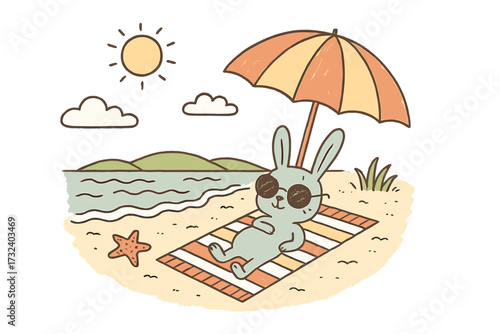 Cute bunny relaxing on beach. Hand drawn cartoon rabbit in sunglasses on a striped towel under a parasol. Summer vacation holiday scene. Kids character design vector.