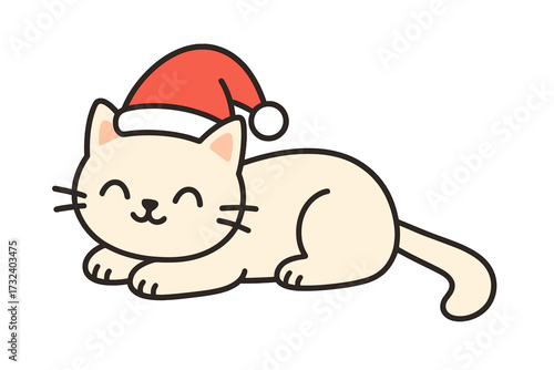 Cute cartoon cat wearing a Santa hat. Funny kawaii kitten character for Christmas. Winter holiday animal. Adorable happy pet vector illustration for kids greeting card design.