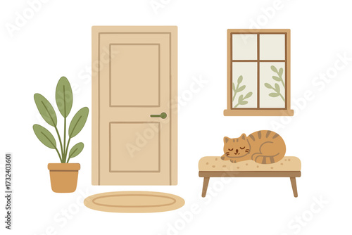 Cozy home entrance hall interior with furniture. A cute cat sleeps on a bench by the window. Concept of hygge, comfort, sweet home, and peaceful domestic life. Flat vector.