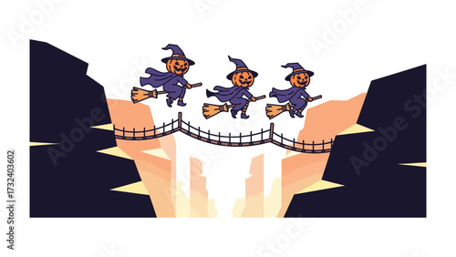 Halloween Witch's Flight: Three cheerful witches on broomsticks soar gracefully across a bridge, painted against the backdrop of a thrilling, haunted night, invoking the spirit of Halloween.