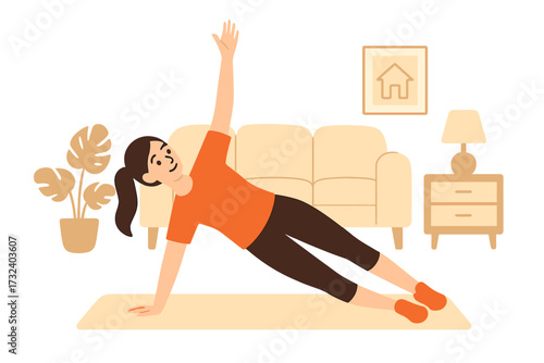 Woman doing side plank exercise in living room. Home workout, fitness, yoga concept. Girl on mat practicing Vasisthasana pose. Healthy lifestyle, sport training, wellness, stay home.