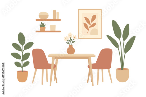 Scandinavian interior design scene. Modern dining room or kitchen with furniture. Cozy eating area with table, chairs, plants. Home decor concept. Hygge lifestyle vector illustration.