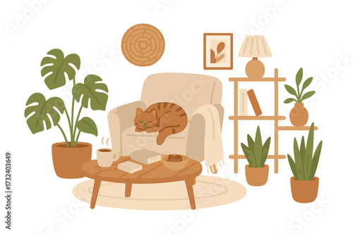 Cozy living room interior with cat sleeping on an armchair. Modern Scandinavian hygge home decor. Comfortable apartment illustration with furniture, houseplants, coffee table. Relax.