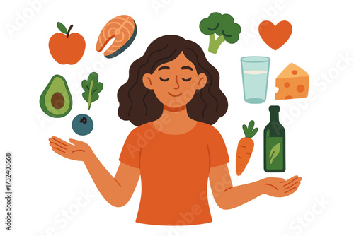 Concept of a healthy diet and nutrition. Happy woman choosing products for body wellness. Vector flat illustration with fruits, vegetables, salmon, dairy for lifestyle design.