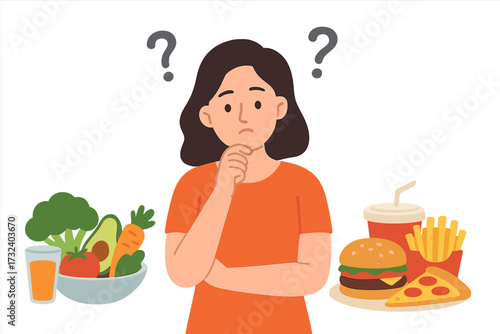 Healthy vs unhealthy food concept. Woman choosing between good and junk food. Diet choice dilemma, nutrition balance concept. Fast food versus fresh vegetables and fruits.
