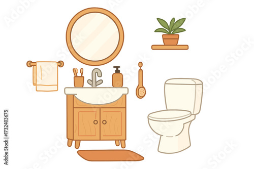 Cute bathroom interior set in trendy Scandinavian style. Vector furniture collection with sink, mirror, toilet. Concept of morning hygiene, daily routine and home decor.