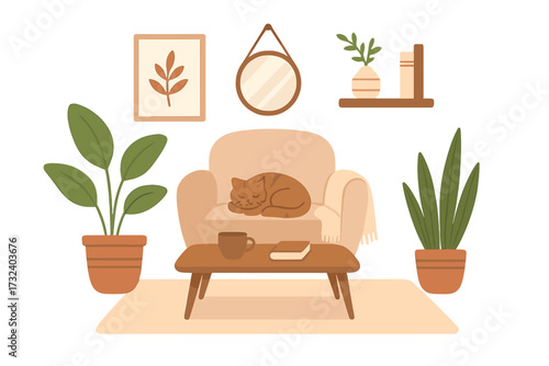 Cozy living room interior with cat sleeping on armchair. Modern Scandinavian hygge style. Home decor illustration with furniture, houseplants. Comfortable, relaxing lifestyle vector.