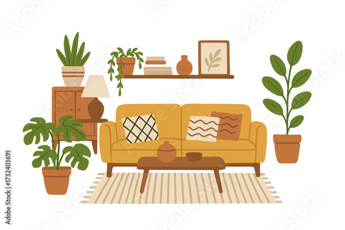 Cozy living room interior in Scandinavian style. Lagom and hygge concept. Furniture with sofa, shelf, and home decorations. Urban jungle with many house plants. Flat vector.