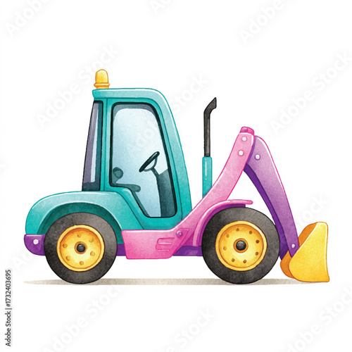 Cute cartoon backhoe loader toy with teal and pink colors.