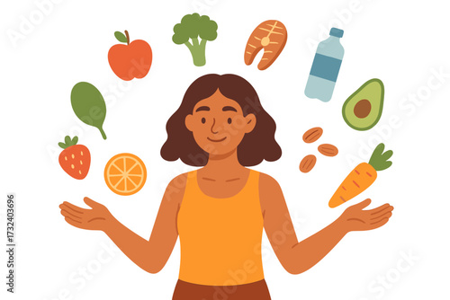 Healthy lifestyle and balanced diet concept. Happy woman choosing fresh organic food, fruits, vegetables, fish. Nutrition for body wellness, vitamin choice. Vector illustration.