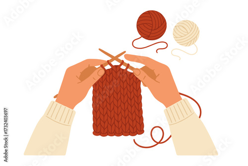 Knitting process top view, hands with needles making a scarf. Wool yarn balls for a handmade craft hobby. Cozy winter or Christmas activity. Modern flat vector illustration.