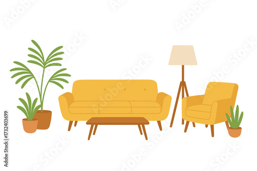 Mid-century modern furniture set for a cozy living room. Minimalist home decor with yellow sofa, armchair, table, and lamp. Scandinavian hygge interior concept with plants. Flat vector illustration.