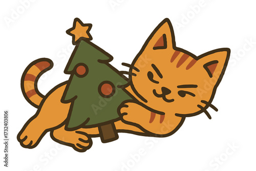 Funny naughty ginger cat playing with a small Christmas tree. Cute cartoon kitten making a mess. Holiday humor concept vector illustration for greeting card or winter design.