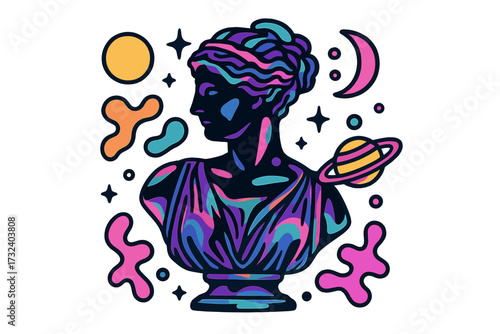 Psychedelic Greek sculpture concept. Surreal antique female statue bust in a trippy, cosmic pop art style. Vaporwave aesthetic vector of a goddess with planets, stars, and moon.