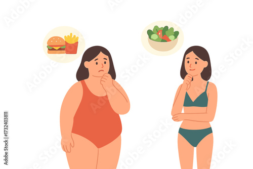 Fat and slim women choosing healthy vs unhealthy food. Fast food vs balanced diet comparison. Concept of nutrition, weight loss, and lifestyle choice. Before and after body.