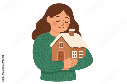 Woman hugging a gingerbread house. Concept of sweet home, comfort, and warmth. Cozy winter illustration for Christmas holiday. Female character dreaming of her own home. Vector.