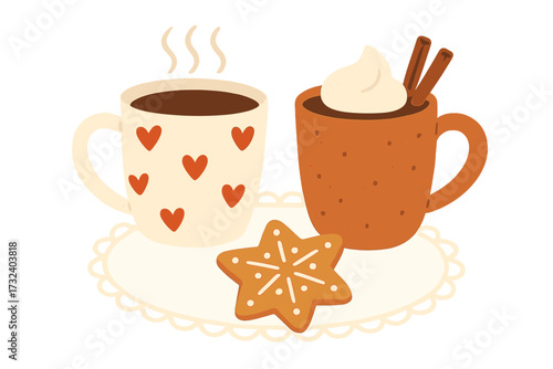 Cozy Christmas composition. Two cute mugs with hot chocolate, coffee, whipped cream, and cinnamon. Star gingerbread cookie on doily. Hygge winter holiday vector concept.