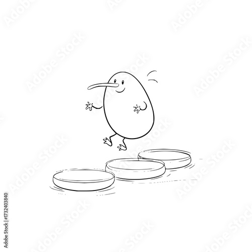 Cute kiwi bird cartoon illustration stepping stones drawing for kids coloring page vector art design