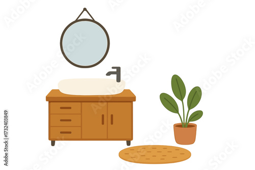 Bathroom furniture set for interior design. Vector illustration of a modern wooden vanity with sink, mirror, cupboard, rug, and home plant. Home accessories and decor isolated.