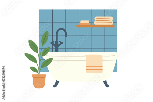 Modern bathroom interior flat vector illustration. Clawfoot bathtub, faucet, houseplant, shelf with soap, towels. Hygiene, self care, spa, home decor, relaxation concept.