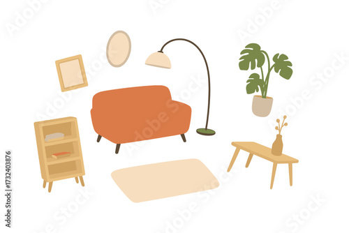 Living room furniture set for home decor sale banner. Minimalistic interior design concept. Cozy modern furniture collection with sofa, lamp, table, and plant. Moving house vector.