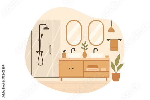 Modern bathroom interior in scandi style. Flat vector cartoon illustration with shower stall, double sink vanity, mirrors, and furniture. Isolated home decor concept.