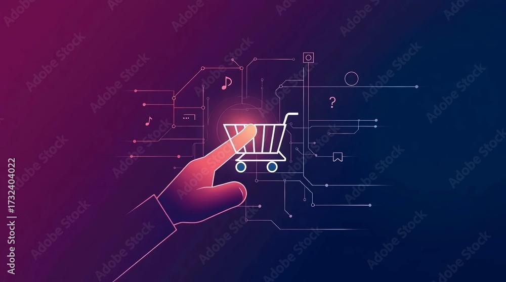 Naklejka premium hand pointing to futuristic shopping cart icon with glowing network connections representing modern online shopping and e commerce concept