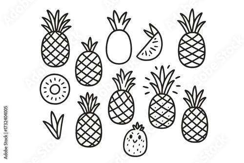 Pineapple doodle set hand drawn vector illustration. Tropical fruit line art collection. Monoline summer ananas icon, logo, and sign design elements. Cute cartoon character.