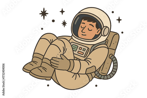Hand lettering phrase I Need Some Space. Male astronaut in space suit having rest. Inspirational poster, card. Vector flat hand drawn illustration. Cartoon cosmonaut dreaming.