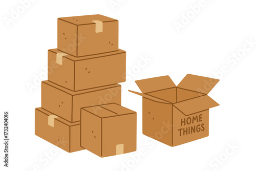 Moving concept with stack of paper boxes. Home things in cardboard box. Transport company banner. Relocation service. We have moved. Packing for new house. Delivery cargo.