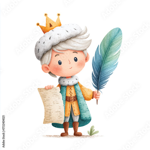 Cute cartoon boy king holding quill and scroll.
