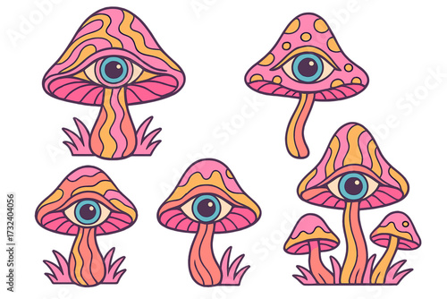 Magic mushrooms with eyes vector set. Psychedelic hallucination concept art. Vibrant 60s hippie retro groovy illustration. Trippy abstract fantasy graphic elements isolated.