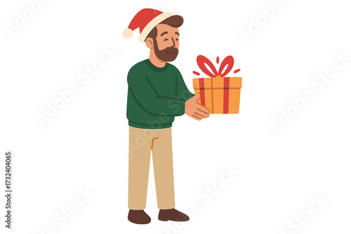Man giving Christmas gift. Happy bearded character in Santa hat holding a present box. Holiday season celebration, generosity, surprise concept. Isolated flat vector illustration.