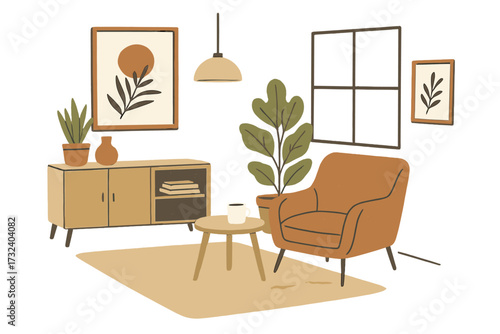 Cozy living room interior. Scandinavian style apartment with modern furniture, armchair, table and plants. Hygge home decor concept. Flat hand drawn vector illustration.