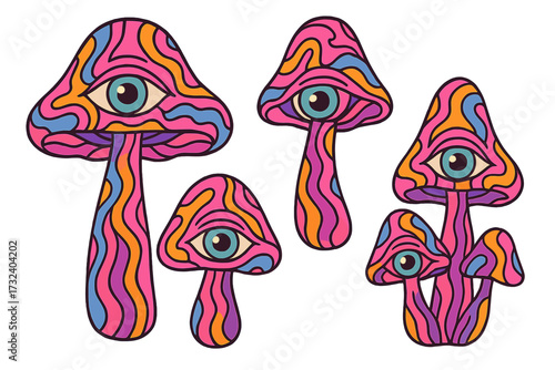 Psychedelic magic mushrooms with eyes vector set. Trippy groovy 60s hippie style illustration. Esoteric fungi with all seeing eye for mystical spiritual festival concepts.
