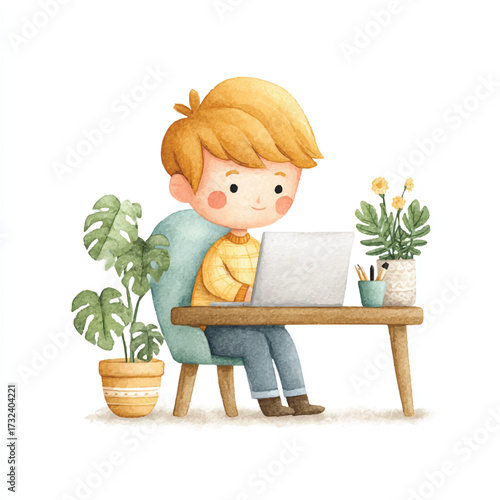 Cute cartoon boy working on a laptop with his cat.