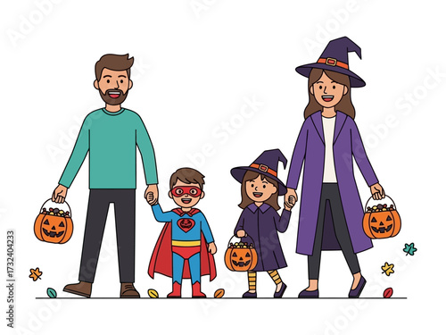 Halloween Family Adventure: A happy family, costumed for Halloween, walks together, holding pumpkin buckets, ready for trick-or-treating. Illustrated with a focus on familial bond and joy