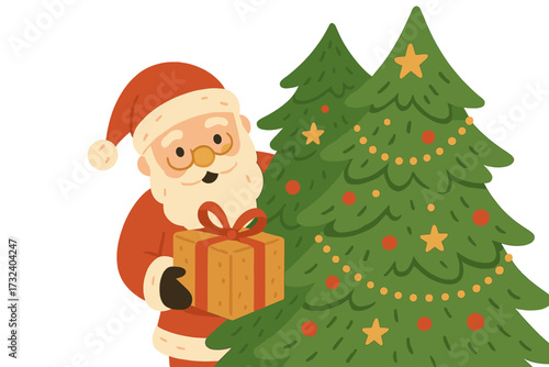 Happy Santa Claus with gift peeking from behind decorated Christmas trees. Cute cartoon for winter holiday. Xmas vector illustration for greeting card, banner, seasonal design.