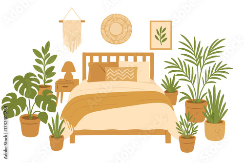 Scandinavian cozy boho bedroom interior design. Japandi style apartment with bed, pillows, macrame and urban jungle houseplants. Vector flat illustration for home decor concepts.