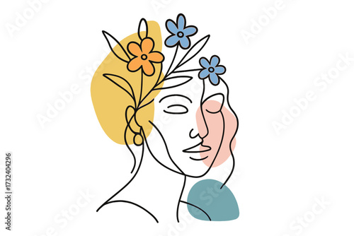 Woman face with flowers one line art. Continuous line drawing of a female portrait. Abstract aesthetic composition in a contemporary boho style with colorful shapes. Minimalist.