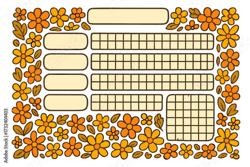Monthly habit tracker template with a groovy 70s floral pattern. Printable planner for bullet journal, goal setting, and mood calendar. Hand drawn retro vector organizer page.