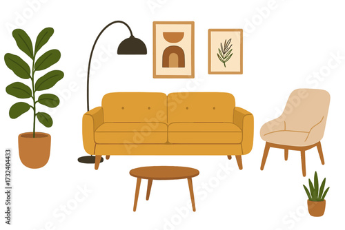 Scandinavian living room interior. Modern furniture set with sofa, armchair, table, lamp. Cozy boho home decor with plants and wall art. Flat vector illustration concept.
