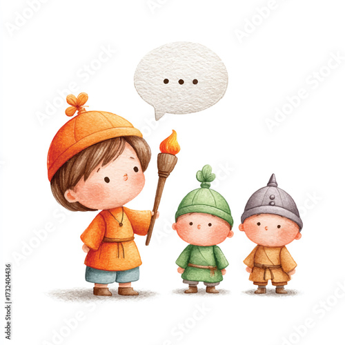 Cute cartoon characters in winter clothes with a speech bubble.