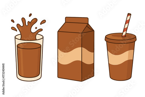 Chocolate milk vector set. Choco milky splash in glass, drink in cardboard box and cup with straw. Flat hand drawn illustration for breakfast beverage or sweet dessert menu.
