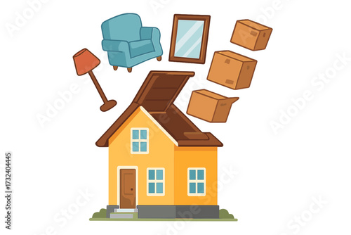 Moving day concept vector illustration. Furniture and cardboard boxes flying out of a house with an open roof. Relocation, new home, real estate, property. Cartoon graphic.