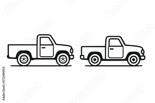 Pickup truck vector icon set. Two retro pickups isolated on white. Cargo truck for delivery service. Shipping transportation concept. Vintage car outline illustration symbol.