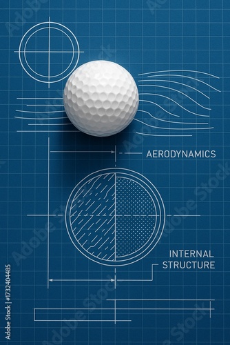 Golf Ball Blueprint: Explore the aerodynamics and internal structure of a golf ball, displayed as a detailed blueprint. Ideal for enthusiasts and designers, revealing intricate engineering.