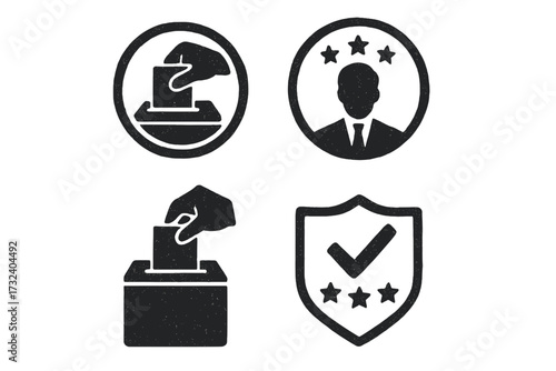Presidential election vector icon set. Grunge style voting and political campaign symbols. Hand casting ballot, candidate, and secure choice icons. Your vote matters.