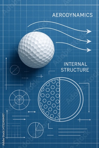 Engineering of the Golf Ball: A meticulously crafted blueprint showcases the intricate design of a golf ball, illustrating both its aerodynamic properties and internal structure.