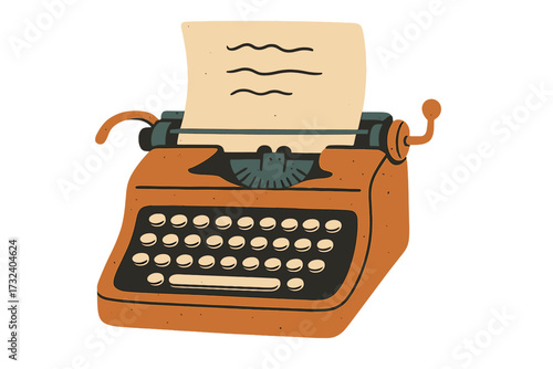 Retro typewriter with paper sheet. Hand drawn vector illustration for storytelling, journalism, writing. Vintage author equipment concept. Nostalgic old press machine.